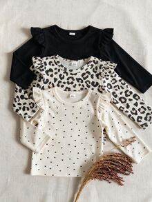 SHEIN 3件組幼兒女嬰長袖上衣，可愛甜美黑色奶油色荷葉邊豹紋愛心圓領常規款，適合派對、秋季假期，羅紋面料 - 彩色 - 查看 6