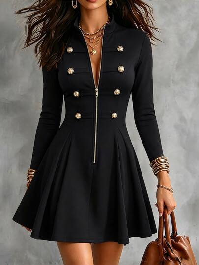 SHEIN Women's Elegant Vintage Button Zipper Pleated Dress