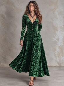 Solivie Women's Autumn V-Neck Long Sleeve Green Leopard Print Dress - Green - View 4