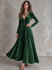 Solivie Women's Autumn V-Neck Long Sleeve Green Leopard Print Dress - Green - View 3