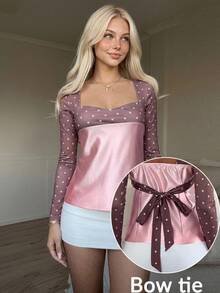 CovetEZ Contrast Pink And White Polka Dot Print Square Neck Top Date Fall Cute Romantic - Baby Pink - View 10