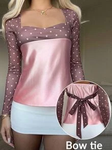 CovetEZ Contrast Pink And White Polka Dot Print Square Neck Top Date Fall Cute Romantic - Baby Pink - View 8