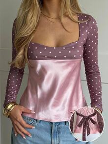 CovetEZ Contrast Pink And White Polka Dot Print Square Neck Top Date Fall Cute Romantic - Baby Pink - View 4