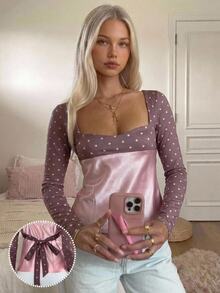 CovetEZ Contrast Pink And White Polka Dot Print Square Neck Top Date Fall Cute Romantic - Baby Pink - View 11