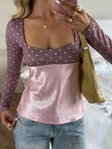 CovetEZ Contrast Pink And White Polka Dot Print Square Neck Top Date Fall Cute Romantic - Baby Pink - View 2
