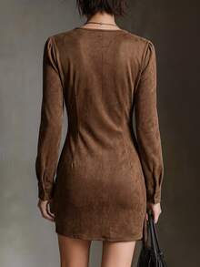 LUMIGAL Women's V-Neck Army Green Suede Asymmetrical Fringe Bodycon Dress - Coffee Brown - View 2