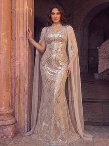 Aureia Plus-Size Luxury Evening Gown Featuring Intricate Craftsmanship, A Sweetheart Neckline, Sequin Paneling, An Attached Shawl, And Dimensional Pearl - Apricot - View 2