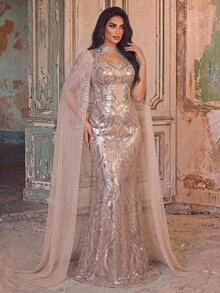 Aureia Plus-Size Luxury Evening Gown Featuring Intricate Craftsmanship, A Sweetheart Neckline, Sequin Paneling, An Attached Shawl, And Dimensional Pearl - Apricot - View 9