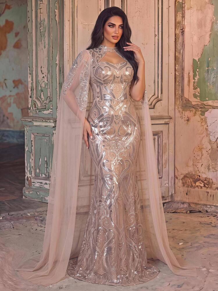 Aureia Plus-Size Luxury Evening Gown Featuring Intricate Craftsmanship, A Sweetheart Neckline, Sequin Paneling, An Attached Shawl, And Dimensional Pearl - Apricot - View 9