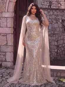 Aureia Plus-Size Luxury Evening Gown Featuring Intricate Craftsmanship, A Sweetheart Neckline, Sequin Paneling, An Attached Shawl, And Dimensional Pearl - Apricot - View 12