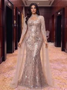 Aureia Plus-Size Luxury Evening Gown Featuring Intricate Craftsmanship, A Sweetheart Neckline, Sequin Paneling, An Attached Shawl, And Dimensional Pearl - Apricot - View 4