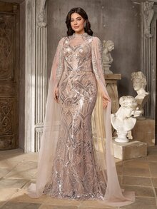Aureia Plus-Size Luxury Evening Gown Featuring Intricate Craftsmanship, A Sweetheart Neckline, Sequin Paneling, An Attached Shawl, And Dimensional Pearl - Apricot - View 6