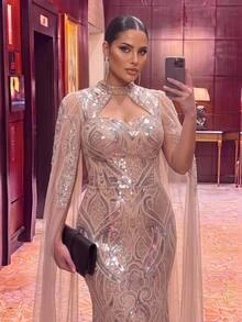 Aureia Plus-Size Luxury Evening Gown Featuring Intricate Craftsmanship, A Sweetheart Neckline, Sequin Paneling, An Attached Shawl, And Dimensional Pearl - Apricot - View 13
