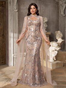 Aureia Plus-Size Luxury Evening Gown Featuring Intricate Craftsmanship, A Sweetheart Neckline, Sequin Paneling, An Attached Shawl, And Dimensional Pearl - Apricot - View 11