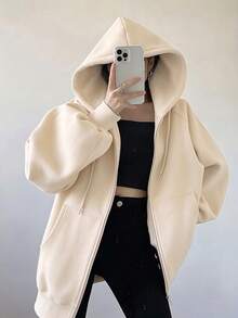 INAWLY 大尺碼女款寬鬆休閒連帽拉鍊開襟外套 秋季 - 杏色 - 查看 4