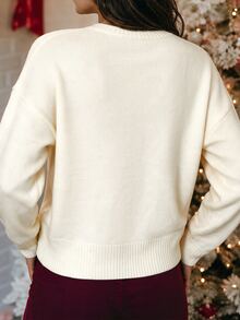 Balvessa Women's Crew Neck Sequin Bow Decor Ribbed Cuff Dropped Shoulder Long Sleeve Cute Pullover Sweater Birthday Eelebration White Animal Print Fall - Multicolor - View 2