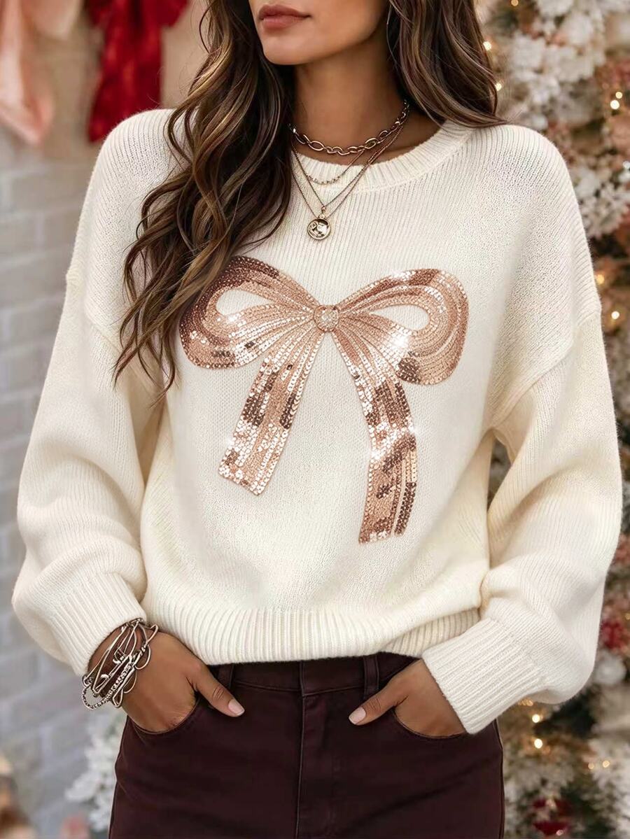 Balvessa Women's Crew Neck Sequin Bow Decor Ribbed Cuff Dropped Shoulder Long Sleeve Cute Pullover Sweater Birthday Eelebration White Animal Print Fall - Multicolor - View 1