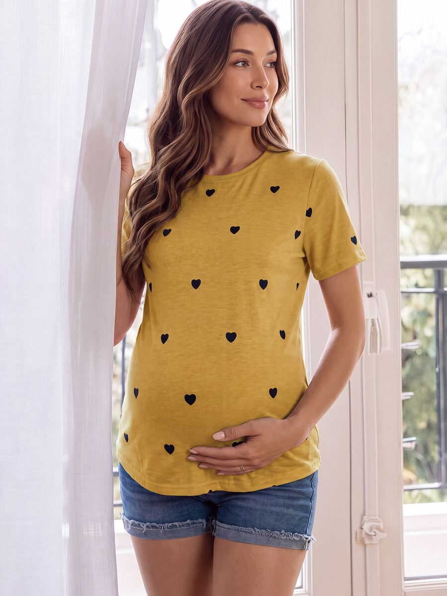 GentleRue Maternity Maternity Casual Vacation & Commute Heart Print Short Sleeve T-Shirt, Summer - Yellow - View 1