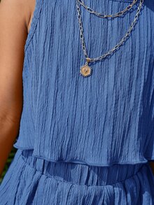 SHEIN 两件套女童纯色圆领上衣和宽松短裤套装，假日服装 - 藍色 - 查看 3
