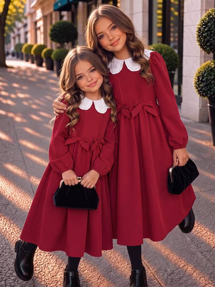 SHEIN Tween Girl Girls Tween Girl Tween Girl Outfit Autumn/Winter Red Long Sleeve 3D Bow Decor Lapel Dress, Vintage Preppy Exquisite 3D Bow Bow Decor Lapel Dress - Burgundy - View 1