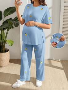 GentleRue Maternity Maternity Casual Lemon Embroidery T-Shirt And Pants 2 Pieces Set Maternity Photoshoot Light Blue Summer - Blue - View 2