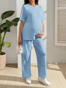 GentleRue Maternity Maternity Casual Lemon Embroidery T-Shirt And Pants 2 Pieces Set Maternity Photoshoot Light Blue Summer - Blue - View 5