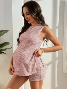 GentleRue Maternity 孕妇休闲粗花呢格子侧开衩吊带背心和短裤套装，适合外出、时尚休闲场合 - 粉色 - 查看 6