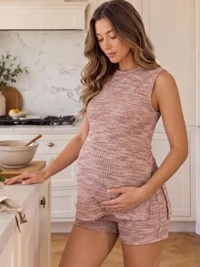 GentleRue Maternity 孕妇休闲粗花呢格子侧开衩吊带背心和短裤套装，适合外出、时尚休闲场合 - 粉色 - 查看 1