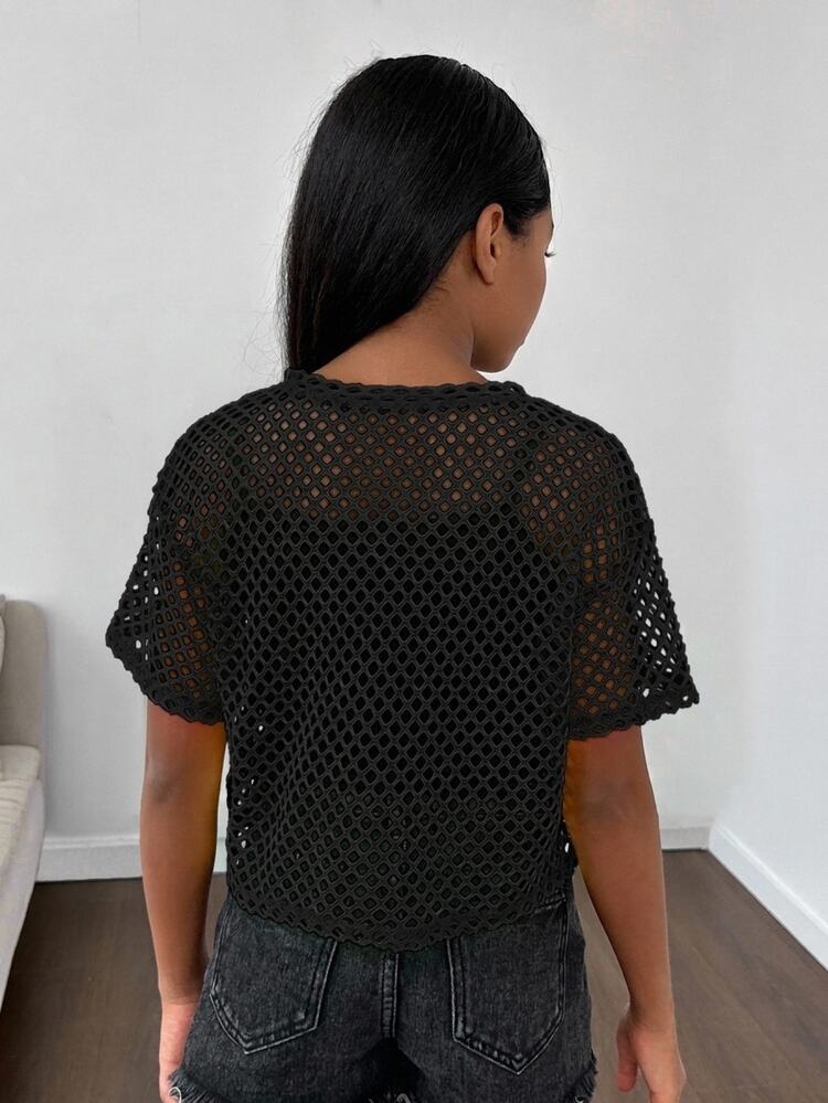 SHEIN Parte superior de manga corta con cuello redondo, de tejido de malla transpirable, ropa deportiva informal para niña preadolescente - Negro - Añade 2