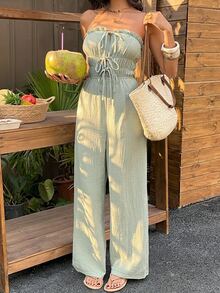 Sunnyshic 女士浅绿色无肩带荷叶边高弹力露背修身阔腿连体裤，性感优雅的海滩度假风 - 綠色 - 查看 8