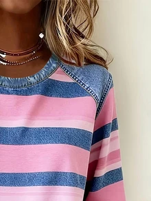 SHEIN LUNE Women's Long Sleeve T-Shirt, Dual-Color Striped Print Pattern Design, Casual Wear For Autumn - Multicolor - View 4