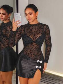 SHEIN BamGlam Women's Patchwork Leopard Print Mesh Stand Collar Long Sleeve Frog Button Design Slim Fit Side Slit Hem Sexy Bodycon Dress - Black - View 2