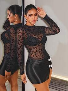 SHEIN BamGlam Women's Patchwork Leopard Print Mesh Stand Collar Long Sleeve Frog Button Design Slim Fit Side Slit Hem Sexy Bodycon Dress - Black - View 6