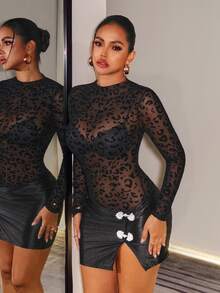 SHEIN BamGlam Women's Patchwork Leopard Print Mesh Stand Collar Long Sleeve Frog Button Design Slim Fit Side Slit Hem Sexy Bodycon Dress - Black - View 5