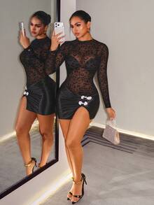 SHEIN BamGlam Women's Patchwork Leopard Print Mesh Stand Collar Long Sleeve Frog Button Design Slim Fit Side Slit Hem Sexy Bodycon Dress - Black - View 4