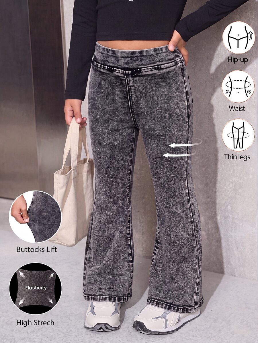 SHEIN Young Girl Young Girl Young Girl Young Girl Girls' Blue Denim Stretch Skinny Flare Pants Young Girl - Black - View 1