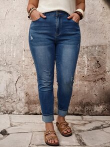 SHEIN ICON Plus Size Casual Washed Slim Fit Jeans - Medium Wash - View 7