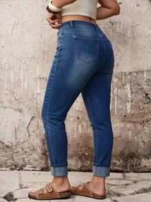 SHEIN ICON Plus Size Casual Washed Slim Fit Jeans - Medium Wash - View 3