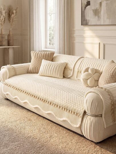 1pc Soft Cotton Fluffy Sofa Cover, Minimalist Solid Color 3D Design, Pet-Friendly Scratch-Resistant, Suitable For All Seasons, Christmas And New Year, Machine Washable, Fits 1/2/3/4 Seat Sofas