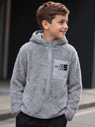 SHEIN Kids Tween Boy Casual Fashion Hooded Fleece Jacket, Suitable For Daily Wear, School, Travel, Sports, Autumn/Winter