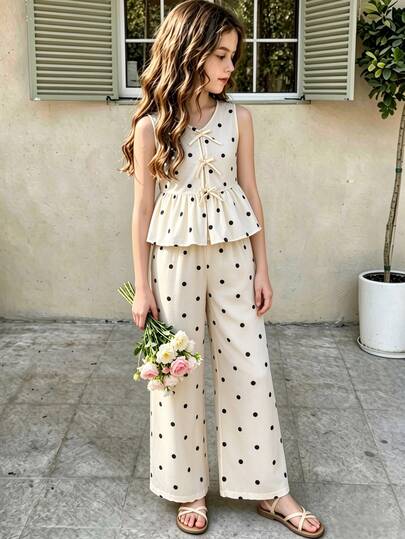 SHEIN 2pcs Soft Tween Girls Tank Top Shirt With Bow Button And Long Pants, Suitable For Outings, Beach Vacation, 2 Pieces Set Black And White Polka Dot