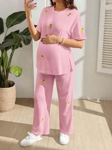 GentleRue Maternity Maternity Casual Cute Lemon Embroidery T-Shirt And Pants 2 Pieces Set Everyday Pink Summer Post Partum Lounge Photoshoot - Pink - View 7