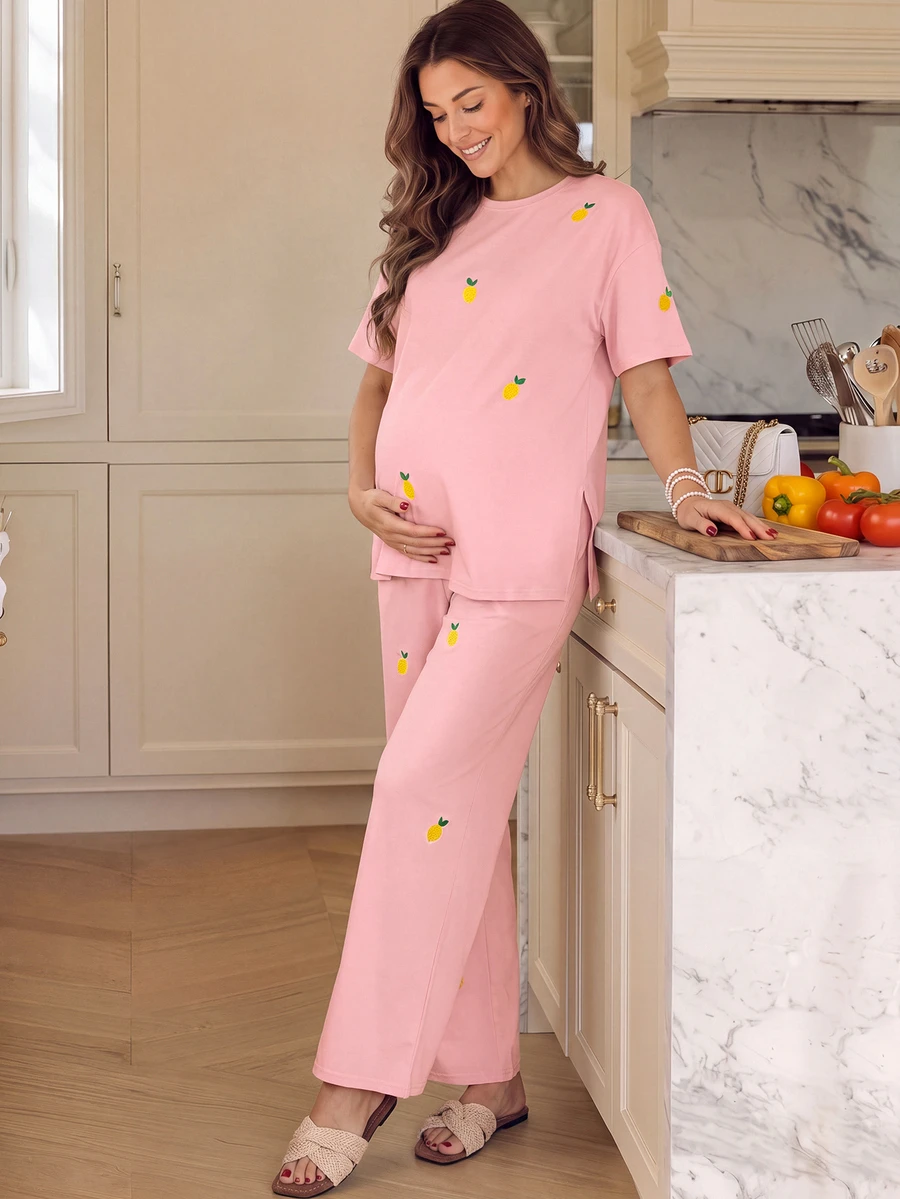 GentleRue Maternity Maternity Casual Cute Lemon Embroidery T-Shirt And Pants 2 Pieces Set Everyday Pink Summer Post Partum Lounge Photoshoot - Pink - View 1