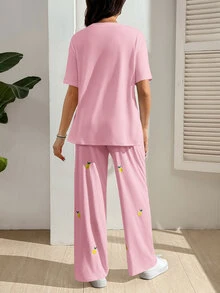 GentleRue Maternity Maternity Casual Cute Lemon Embroidery T-Shirt And Pants 2 Pieces Set Everyday Pink Summer Post Partum Lounge Photoshoot - Pink - View 3