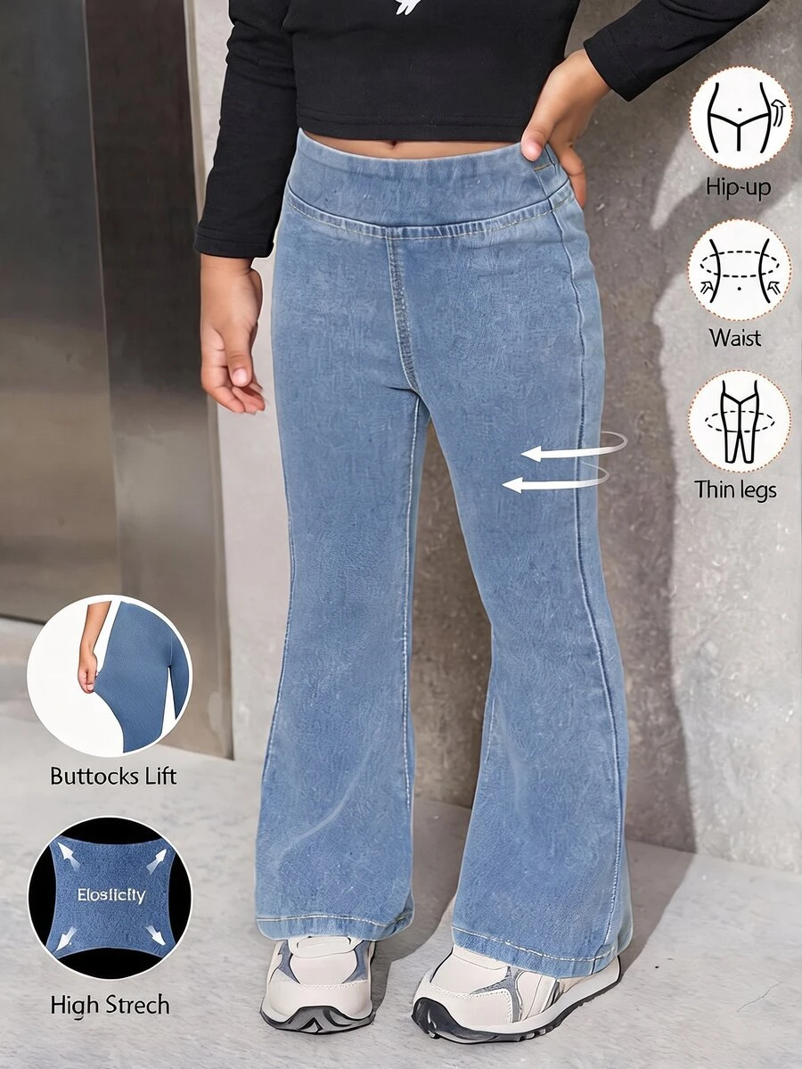 SHEIN Girls' Blue Denim Stretch Skinny Flare Pants - Light Wash - View 1