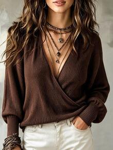 SHEIN Chocolate Brown Cross V Neck Sweater, Ribbed Knit Long Sleeve Crop Top - Coffee Brown - View 3