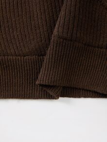 SHEIN Chocolate Brown Cross V Neck Sweater, Ribbed Knit Long Sleeve Crop Top - Coffee Brown - View 4