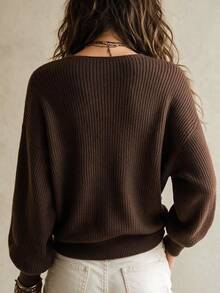 SHEIN Chocolate Brown Cross V Neck Sweater, Ribbed Knit Long Sleeve Crop Top - Coffee Brown - View 2