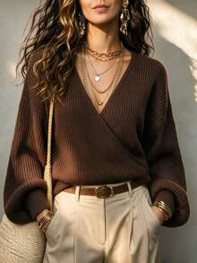 SHEIN Chocolate Brown Cross V Neck Sweater, Ribbed Knit Long Sleeve Crop Top - Coffee Brown - View 6