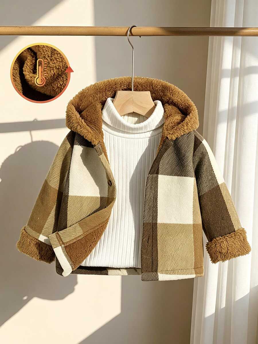 1pc Baby Boy Infant Multi-Color Plaid Fleece Patchwork Hooded Keep Warm Jacket,Winter Beige Modest Birthday Autumn Clothes,Korean Style Coats - Brown - View 1